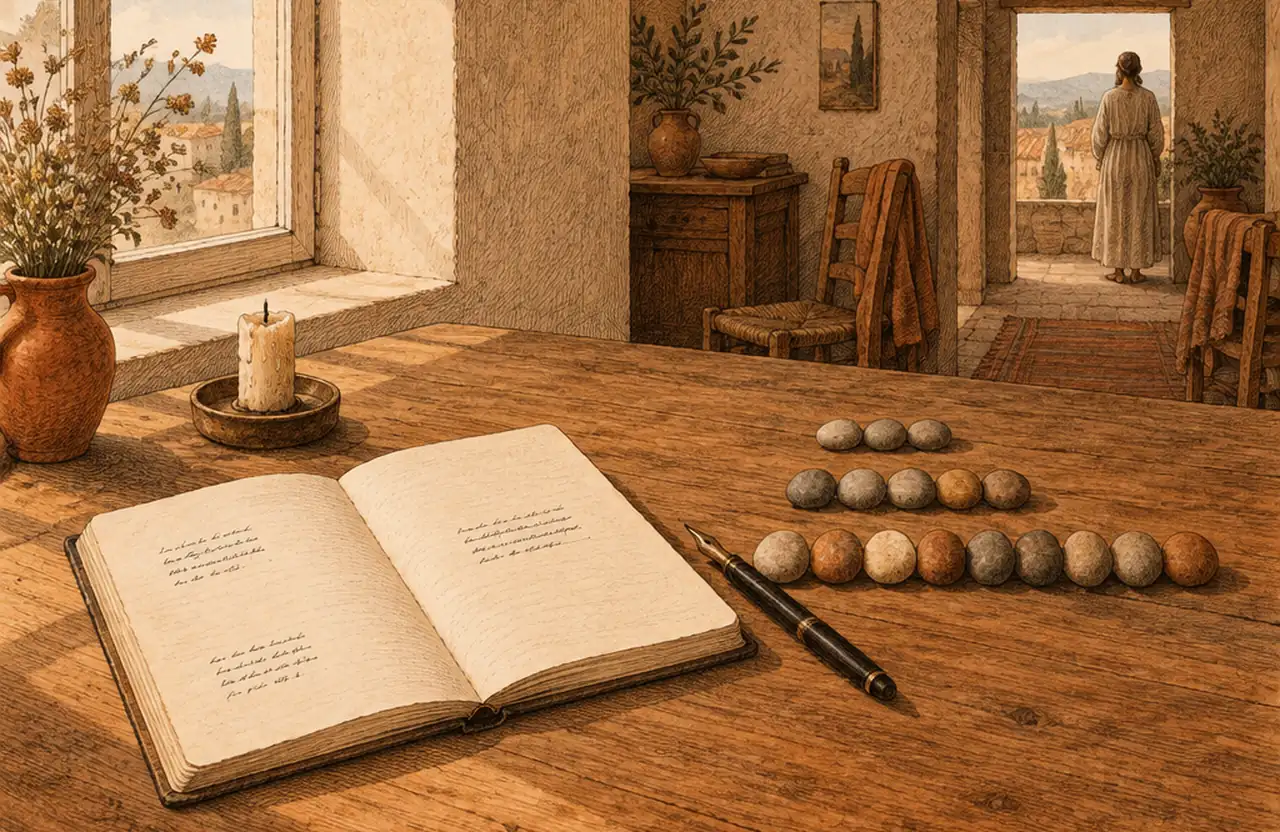 An open journal with a fountain pen, a candle and rows of smooth river pebbles on a wooden desk, with a person standing on a balcony beyond