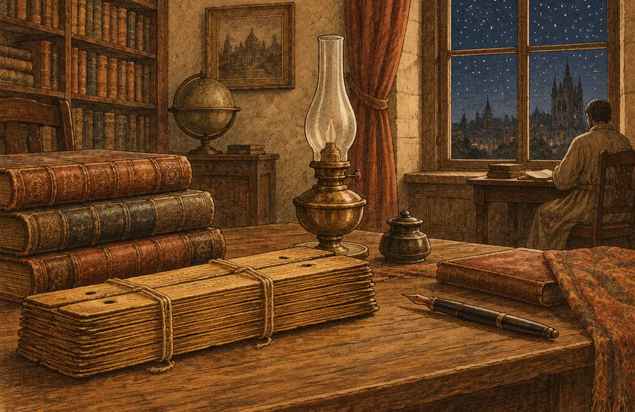 A study at night with leather books, a bundle of palm-leaf manuscripts and an oil lamp on the desk, stars in the window