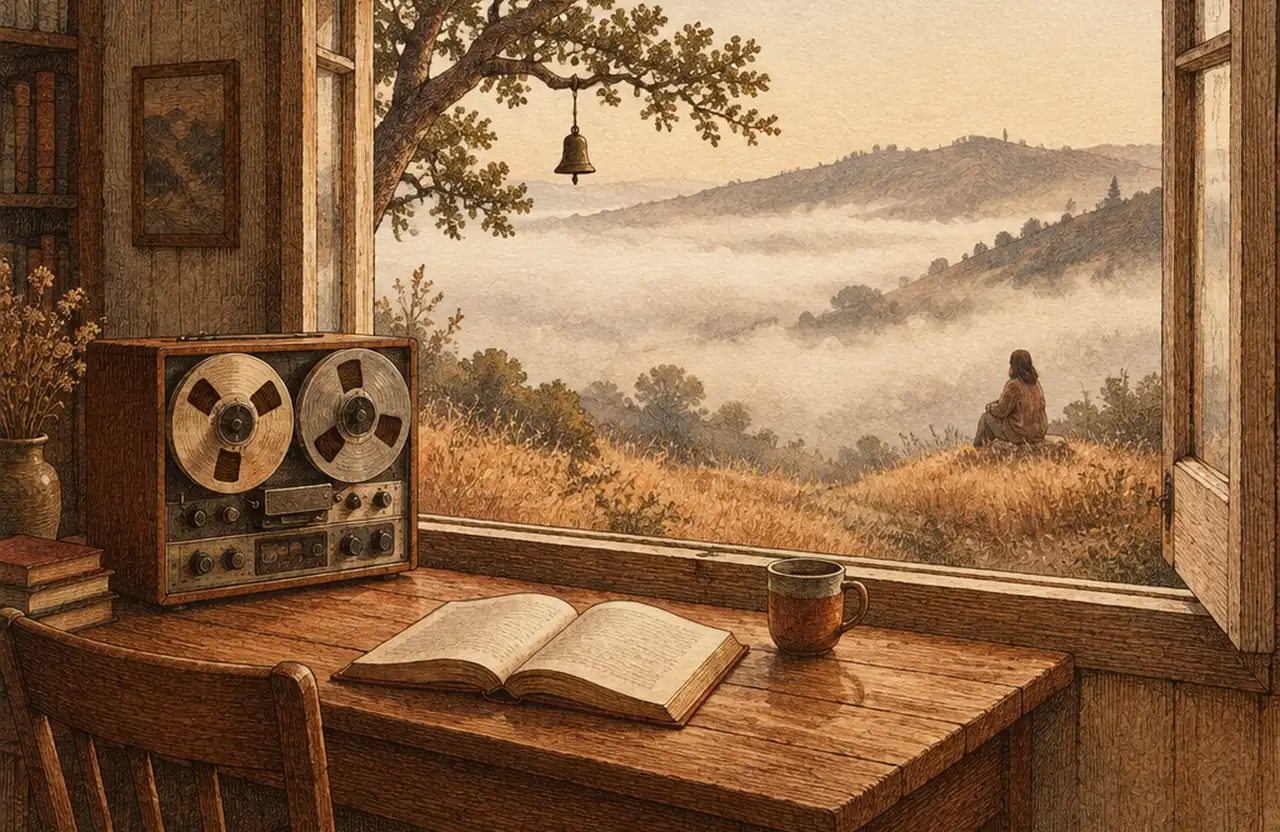 A wooden desk by an open window with a reel-to-reel tape recorder, an open book and a cup, and fog over California hills outside