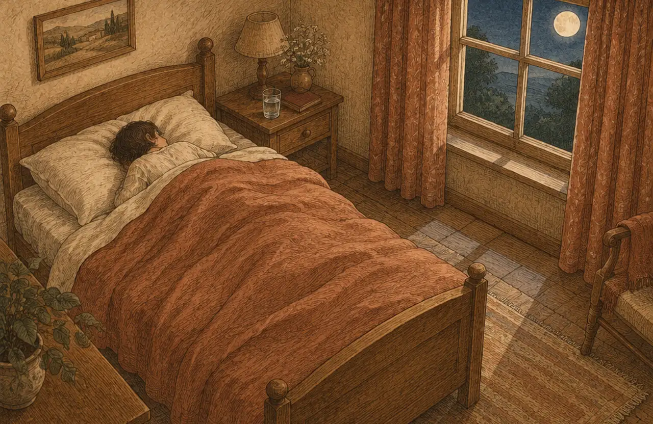 A quiet moonlit bedroom seen from above, a person asleep under a blanket, a glass of water and a book on the night table