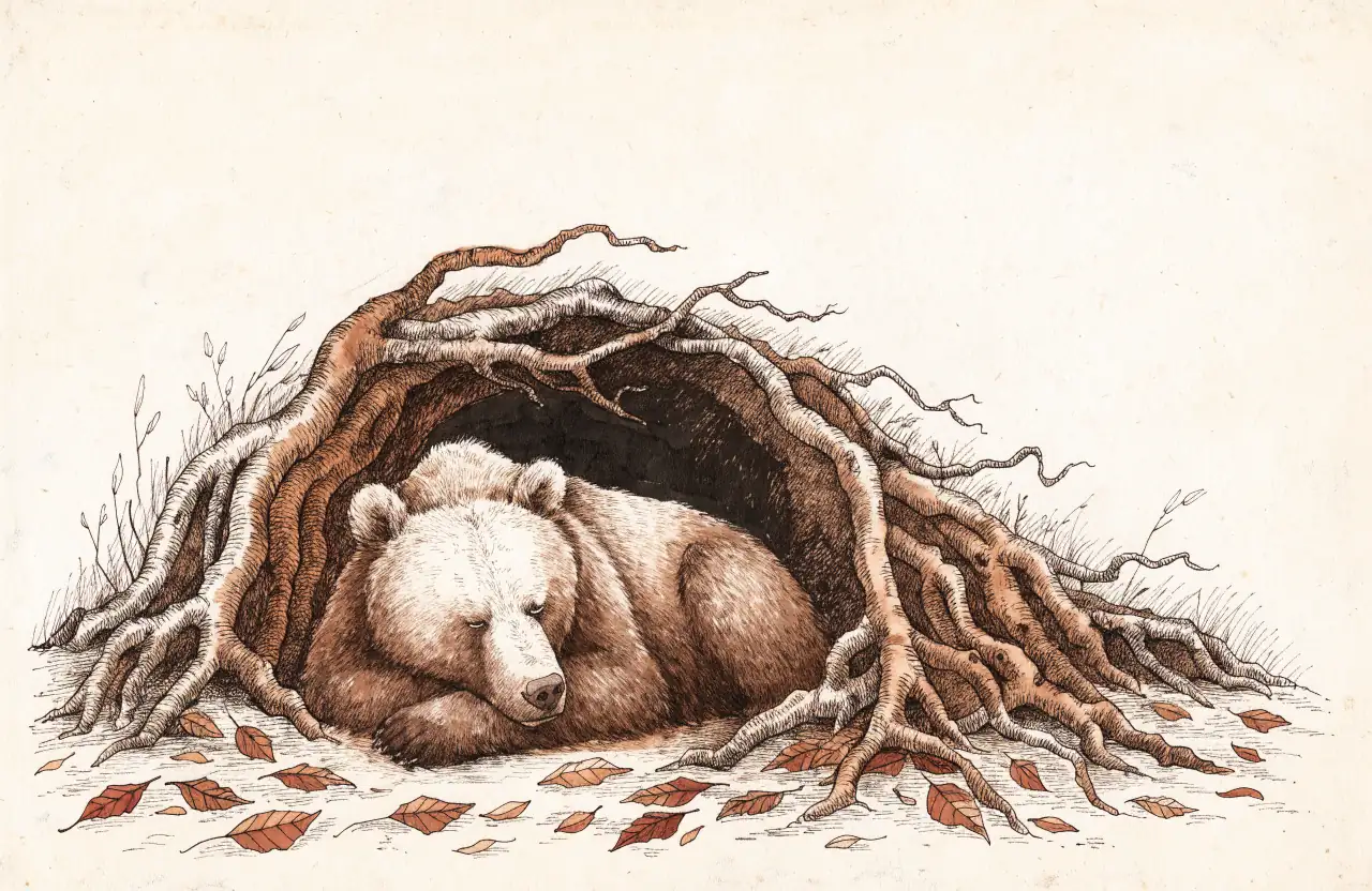 A brown bear asleep, curled up in a hollow among tangled tree roots, with autumn leaves on the ground