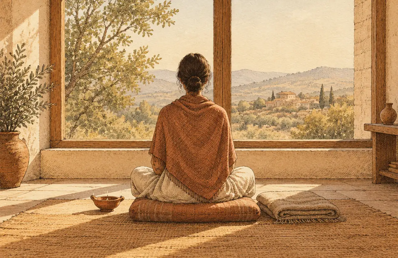 A woman in a terracotta shawl sitting cross-legged on a cushion by a large window, seen from behind, looking out over a valley in morning light