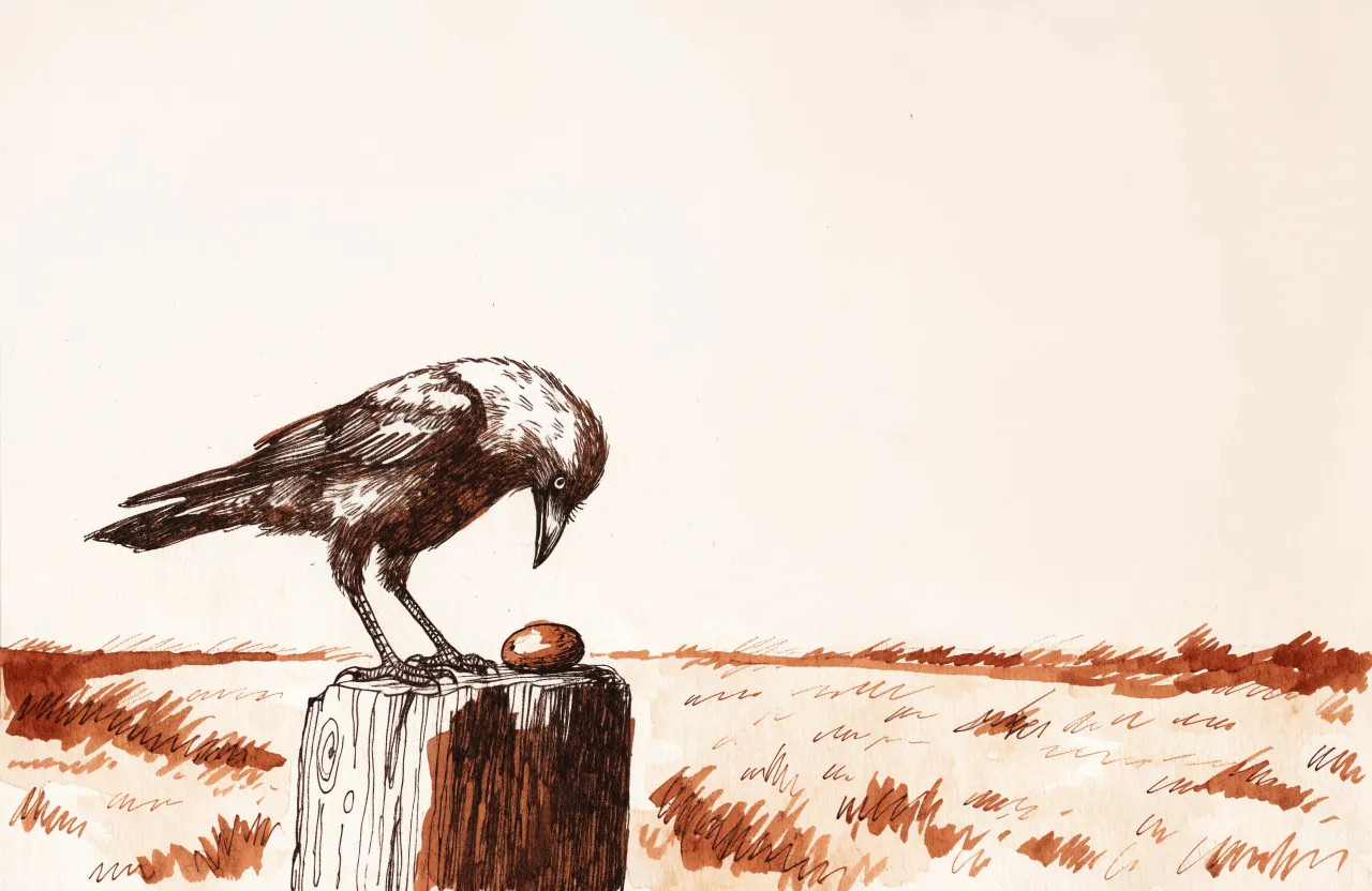 A crow on top of a wooden post, looking down at a small round stone