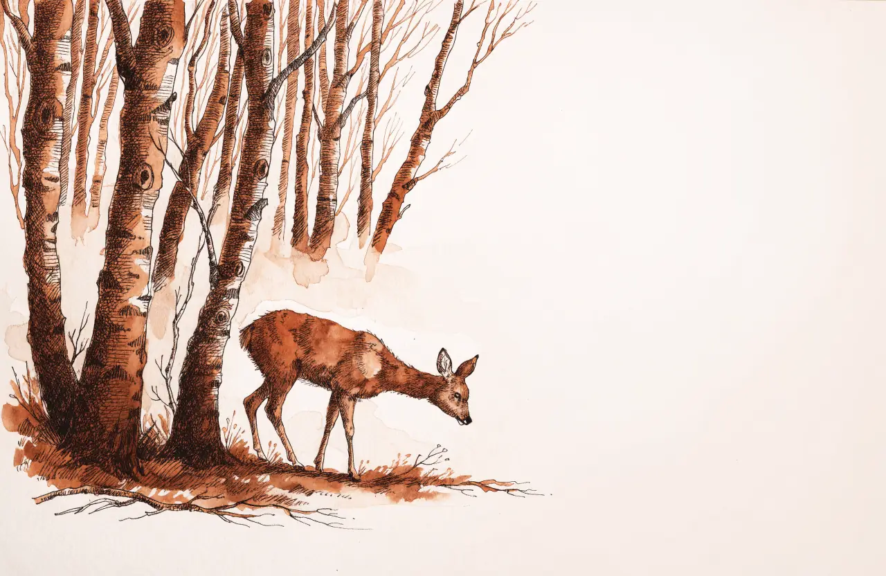 A young deer grazing under a cluster of birch trees