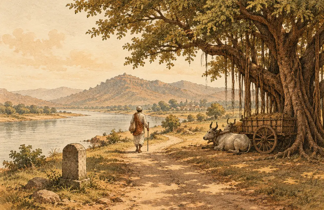 A traveller with a staff on a river road past a stone milestone and a great banyan tree, an ox cart resting in its shade