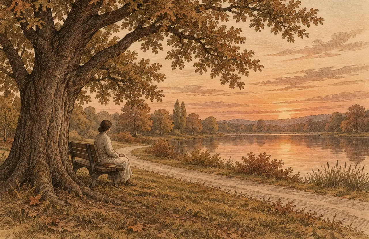 A person sitting quietly on a bench under a large old oak by a lake at dusk, a path and autumn leaves around them
