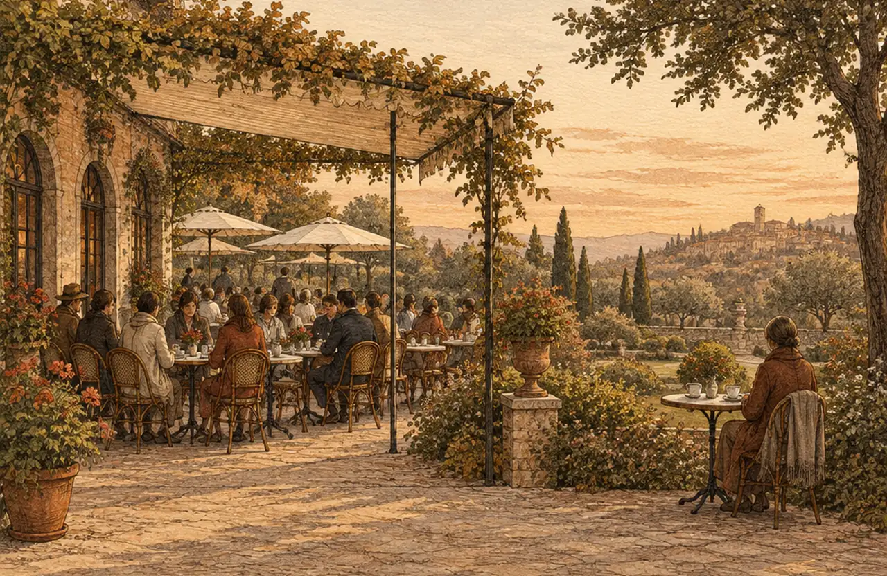 A busy café terrace at sunset, and apart from the crowd a woman sitting alone at a small table looking at the hills