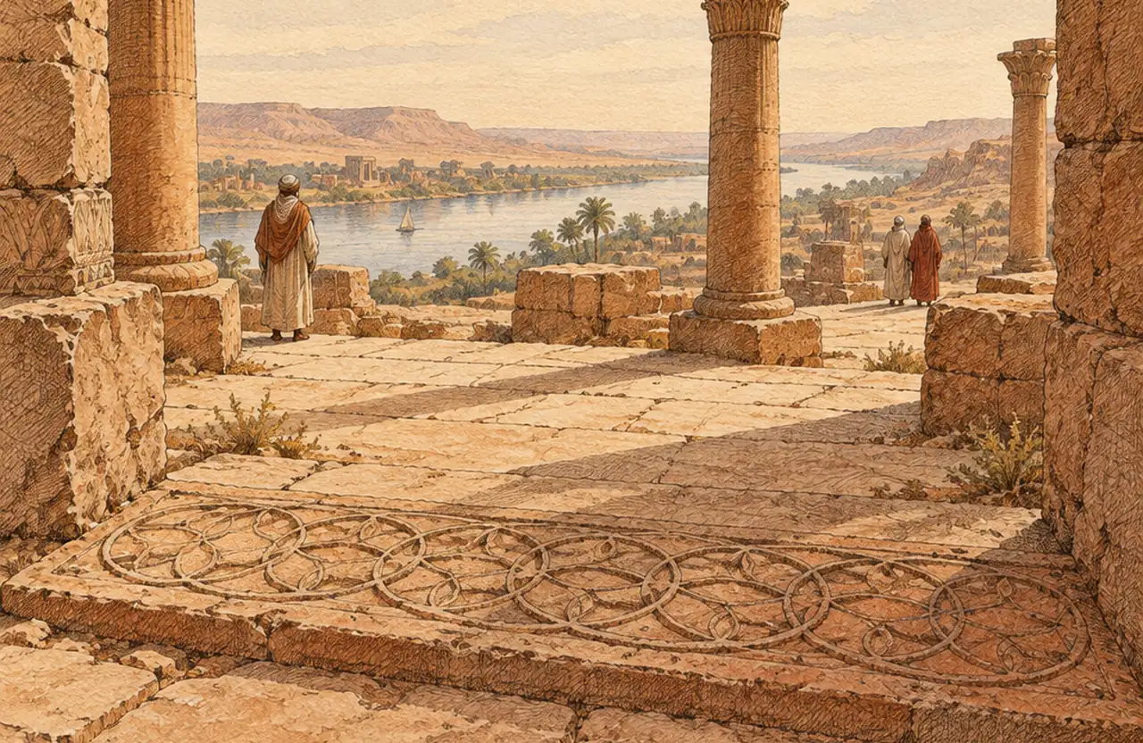 An ancient stone threshold carved with a pattern of overlapping circles among ruined columns by a river