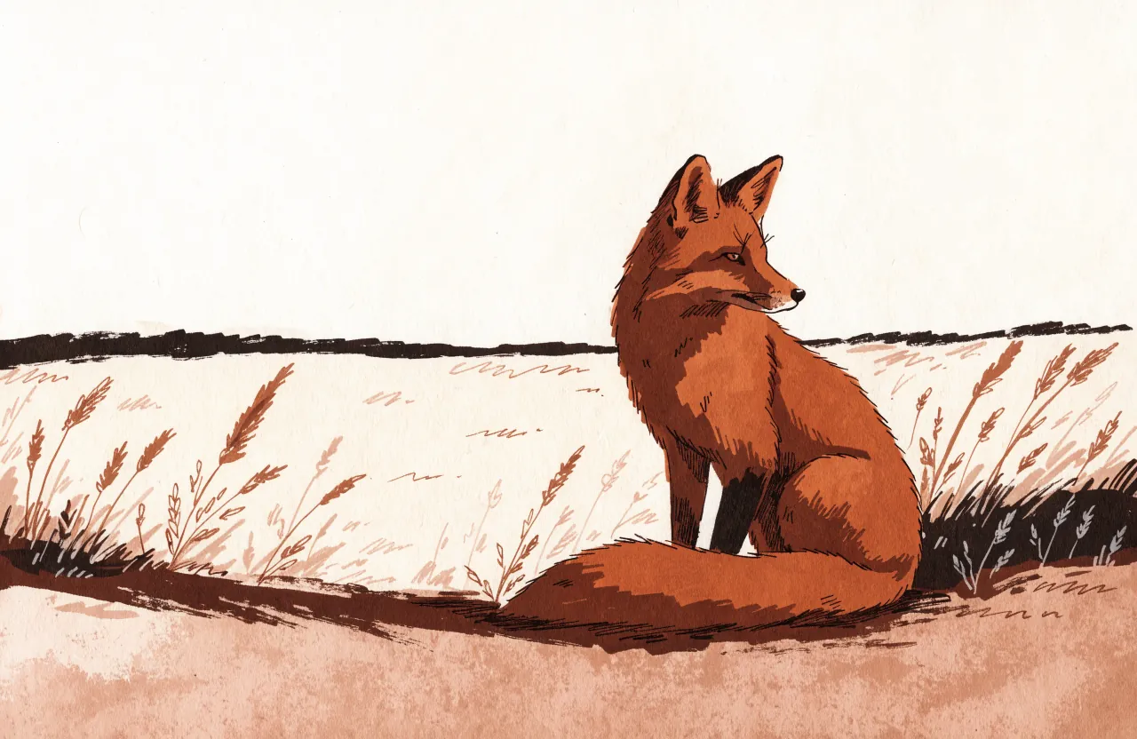 A red fox sitting in tall grass, looking back over its shoulder