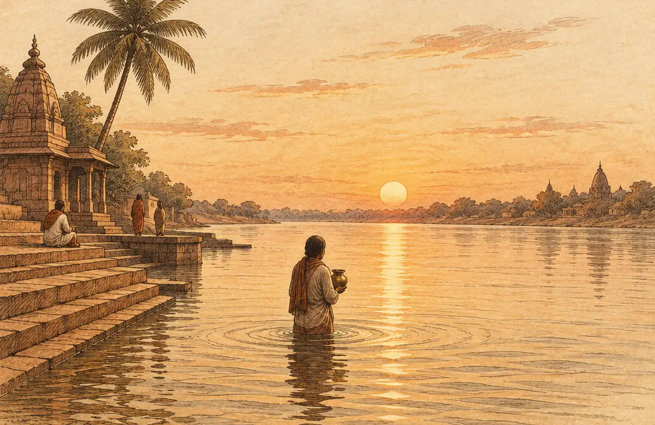 A person standing in a river at sunrise holding a brass water pot toward the sun, temple steps and a palm on the bank