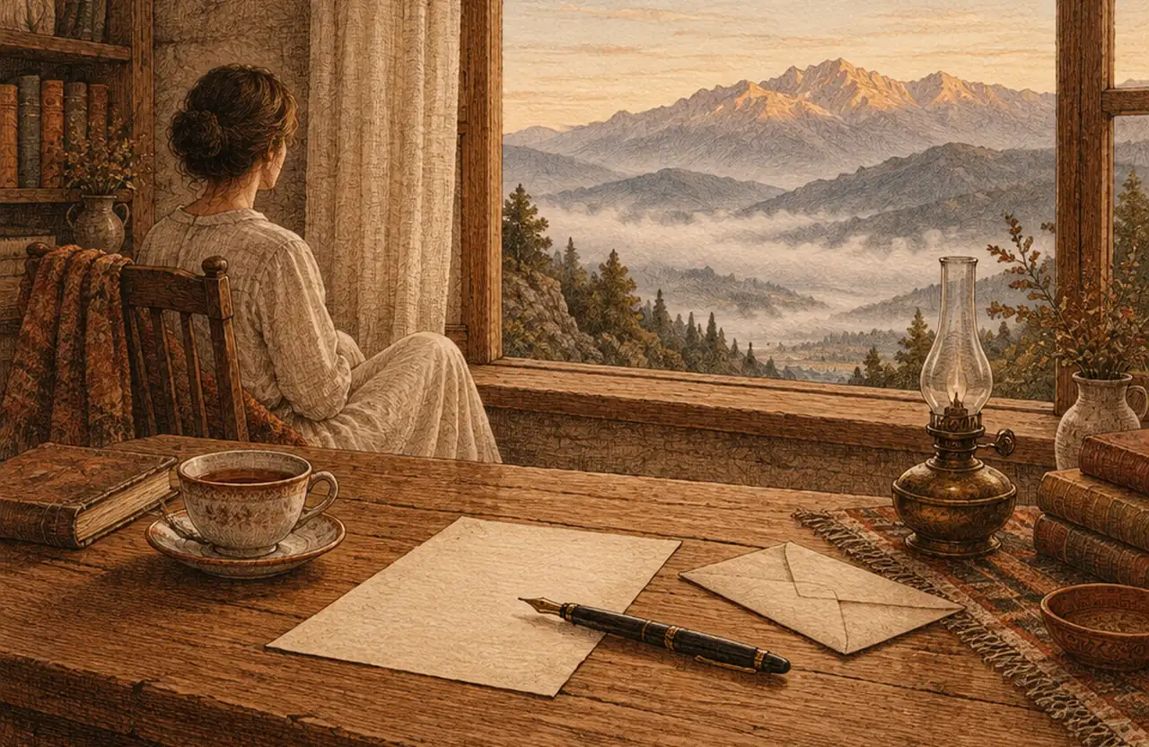 A writing desk at dawn with a blank letter, a pen and a lamp, and a woman sitting by the window looking at misty mountains