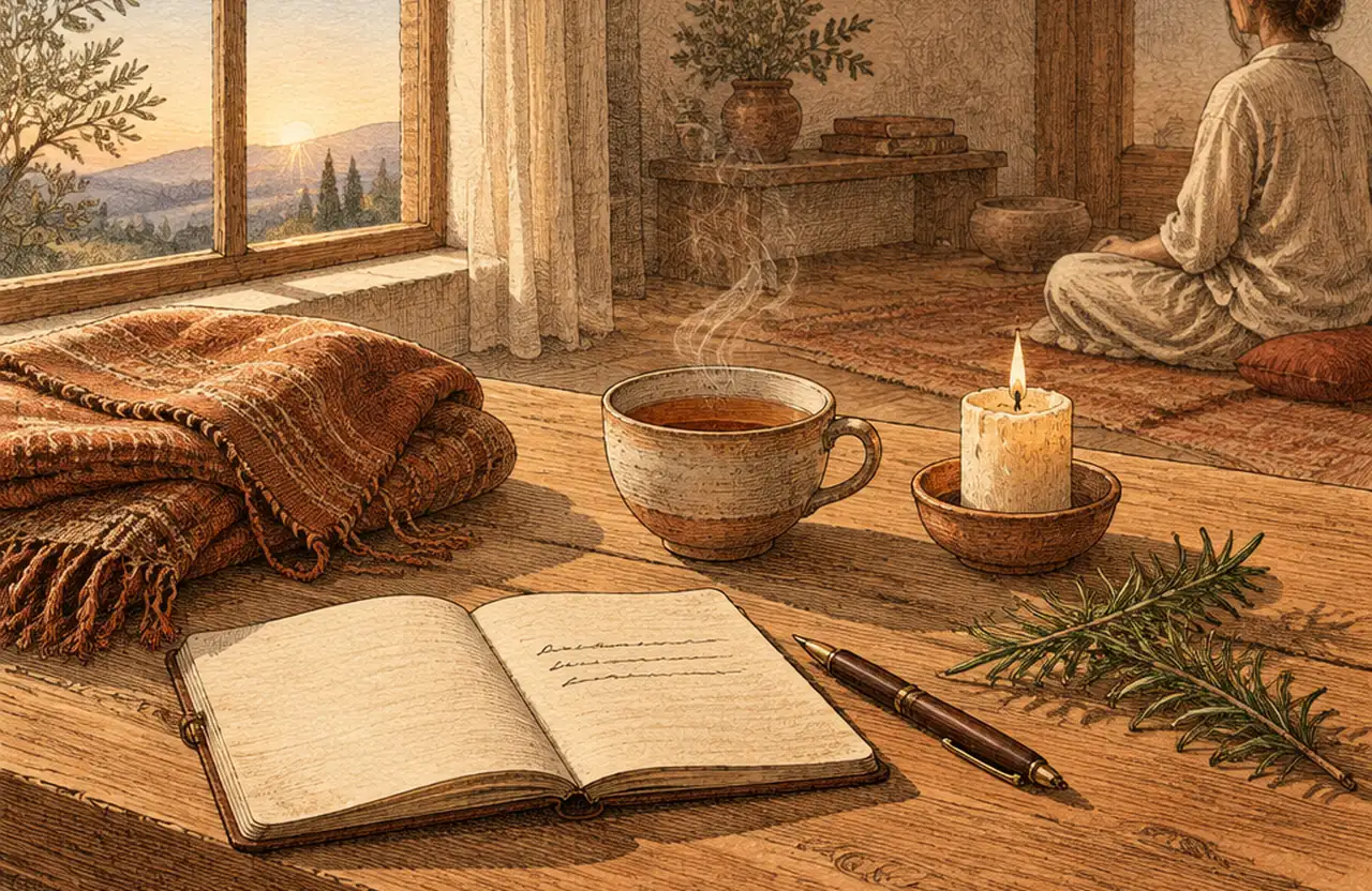 An open journal with a pen, a cup of tea, a candle and a sprig of rosemary on a wooden table, with a woman sitting by a sunrise window behind