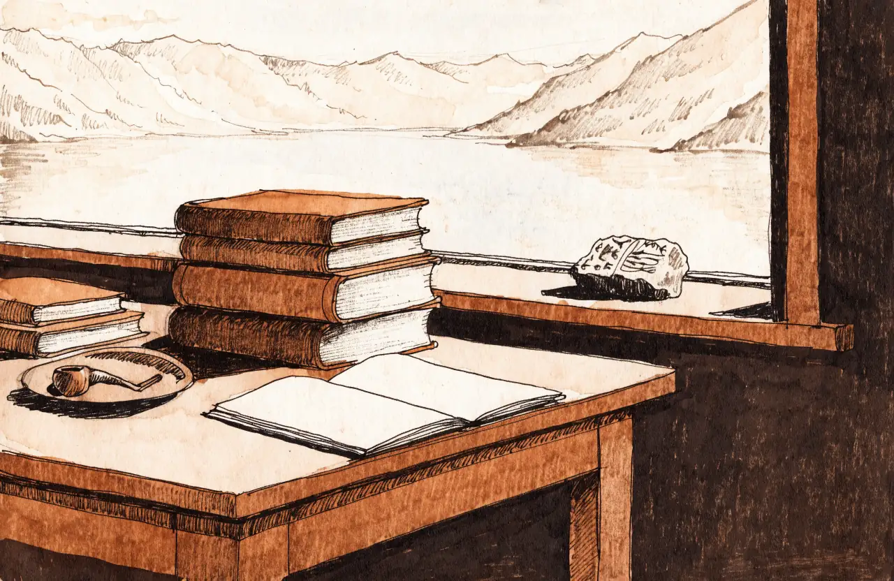 A writing desk with stacked books, an open notebook and a pipe, by a window looking out on a lake and hills
