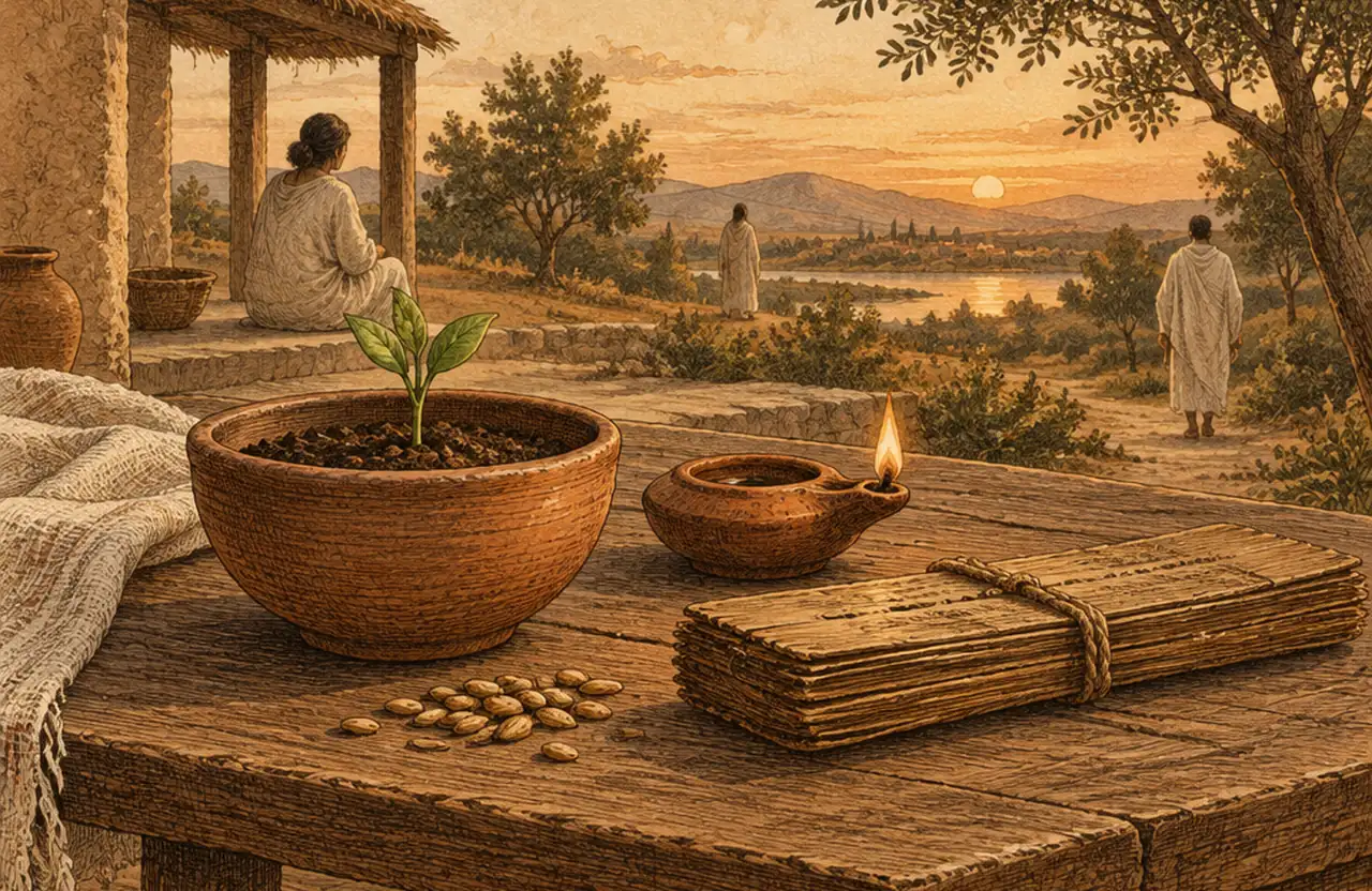A clay bowl of soil with a green sprout, scattered seeds, an oil lamp and a palm-leaf manuscript on a wooden table, with people walking by a river at sunset