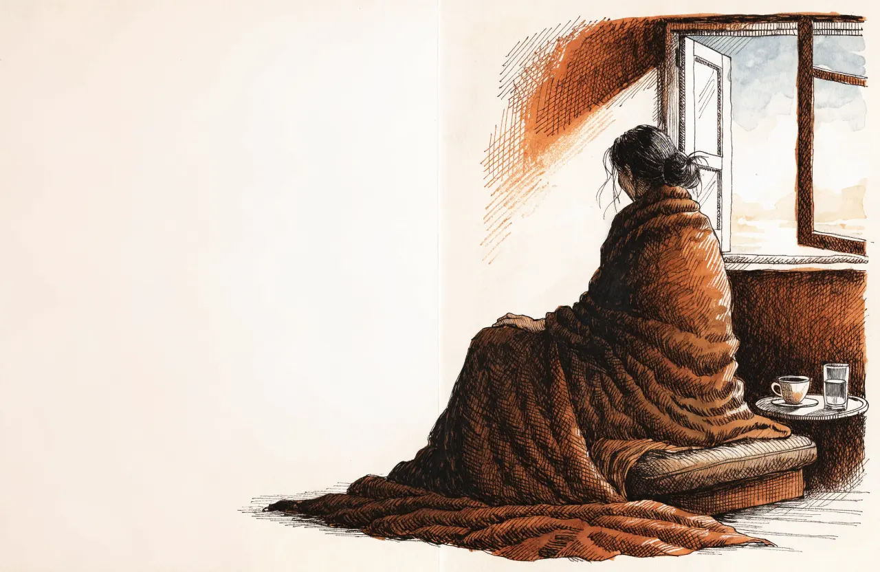 A woman wrapped in a shawl sits quietly by an open window at dawn, with a cup of tea and a glass of water beside her