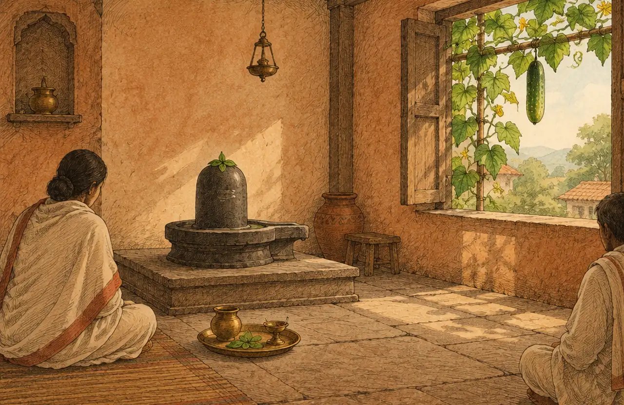 A quiet shrine room with a stone lingam, an oil lamp and leaves on a brass plate, a cucumber vine at the open window