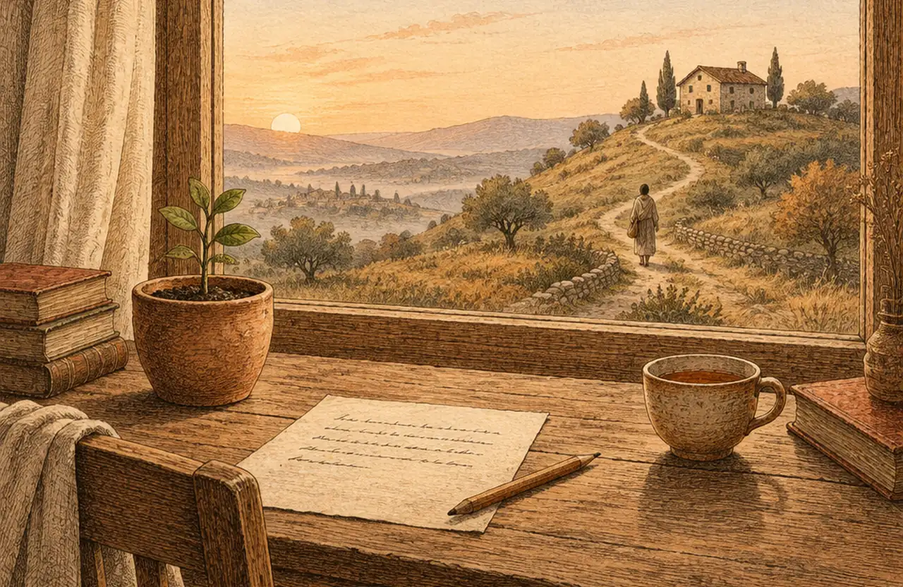 A desk by a window with a handwritten page, a pencil, a cup of tea and a seedling, and outside a path leading up a hill to a small house at sunrise