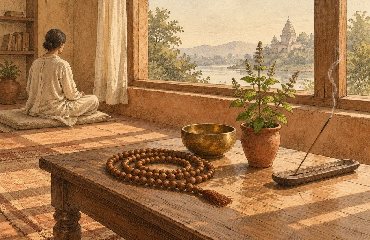 A wooden mala, a brass singing bowl, a pot of tulsi and a stick of incense on a low table, with a woman sitting by the window and a temple in the distance