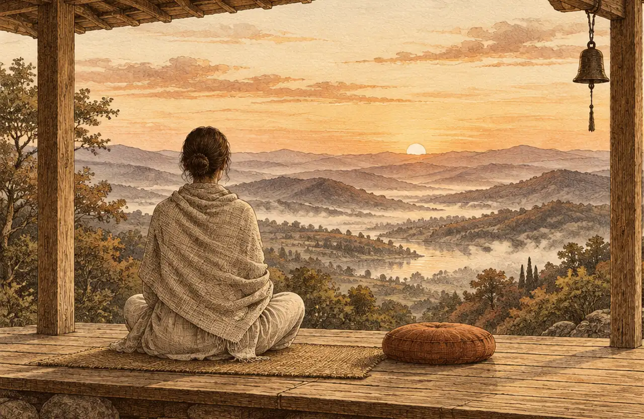 A woman in a shawl meditating cross-legged on a wooden porch, facing a valley of misty hills at sunrise, with a bell hanging from the beam