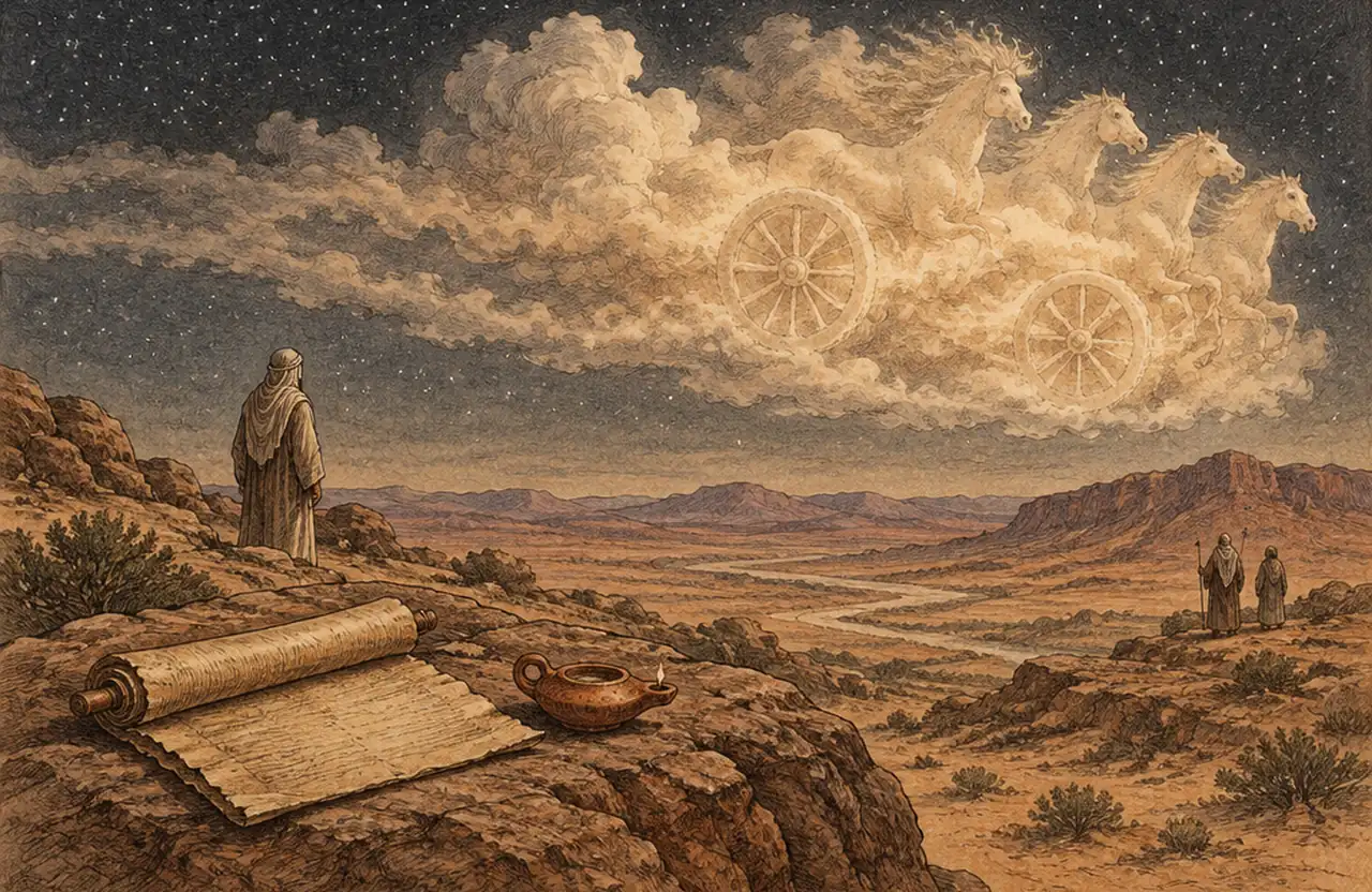 Clouds shaped like a chariot with wheels over a desert at night, a scroll and an oil lamp on a rock in front