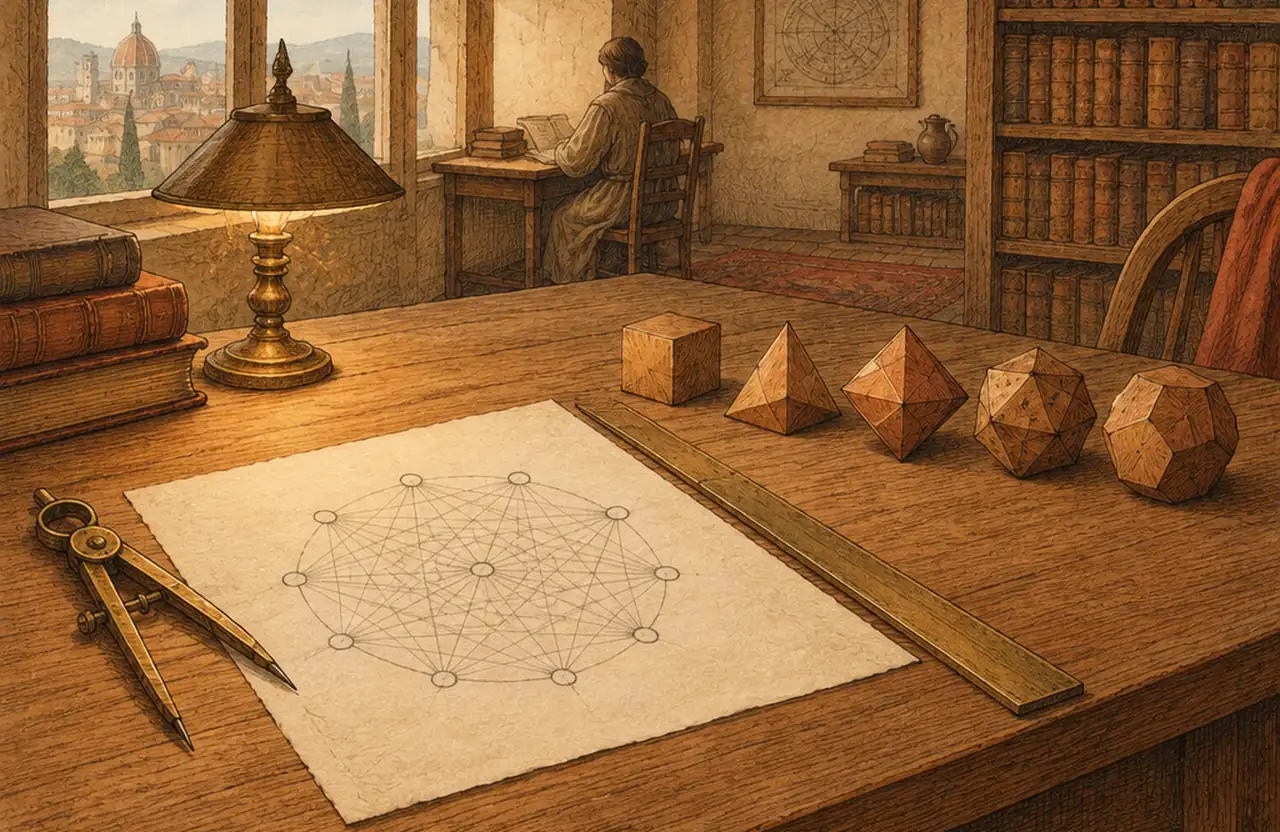 A scholar's desk with a compass, a ruler, a drawing of circles joined by many lines and five wooden Platonic solids in a row