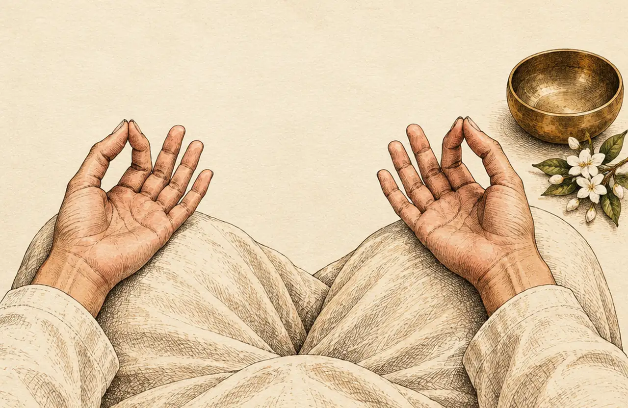 Hands resting palm up on the knees of a seated person in a linen robe, thumb and index finger touching, with a brass singing bowl and a sprig of jasmine