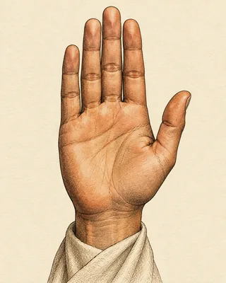 Drawing of a raised right hand with the palm facing out and the fingers together and pointing up