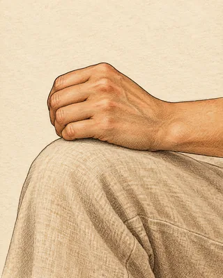 Drawing of a right hand resting on the knee in a loose fist, the thumb hidden inside under the fingers