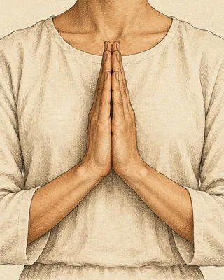 Drawing of two palms pressed together in front of the chest, fingers pointing up, as in a prayer or greeting