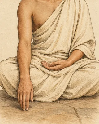 Drawing of a seated figure with the right shoulder bare, the right hand hanging over the knee with the fingertips touching the stone floor and the left hand in the lap