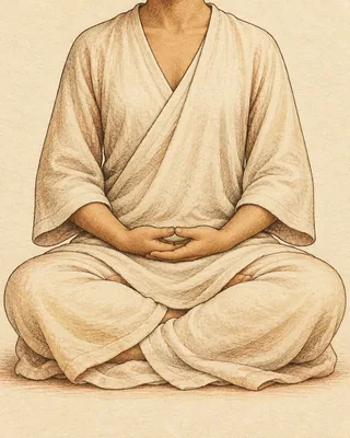 Drawing of a person seated cross-legged in a linen robe, hands resting in the lap, palms up, right on top of left, thumb tips touching