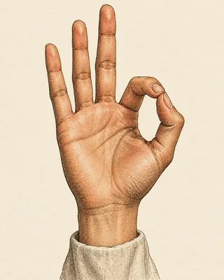 Drawing of a right hand with the tips of the thumb and index finger touching in a circle and the other three fingers straight