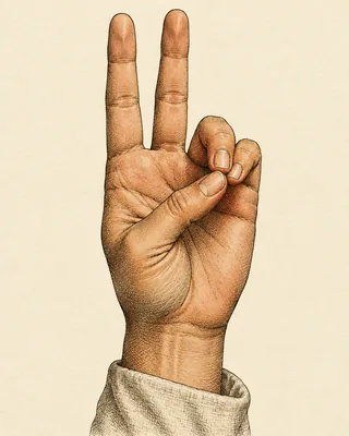 Drawing of a right hand with the ring and little fingers touching the thumb tip and the index and middle fingers straight