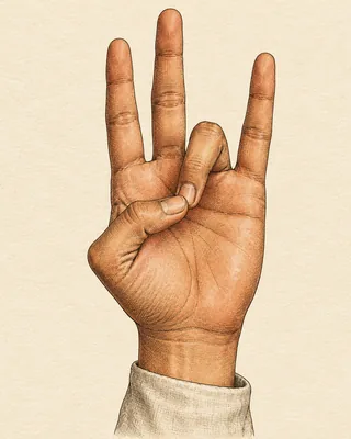 Drawing of a right hand with the ring finger tip touching the thumb tip and the other fingers straight