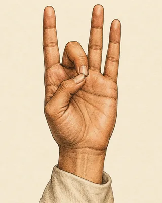 Drawing of a right hand with the middle finger tip touching the thumb tip and the other fingers straight