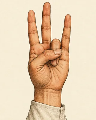 Drawing of a right hand with the ring finger folded into the palm, the thumb resting over it and the other fingers straight