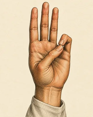 Drawing of a right hand with the little finger tip touching the thumb tip and the other three fingers straight