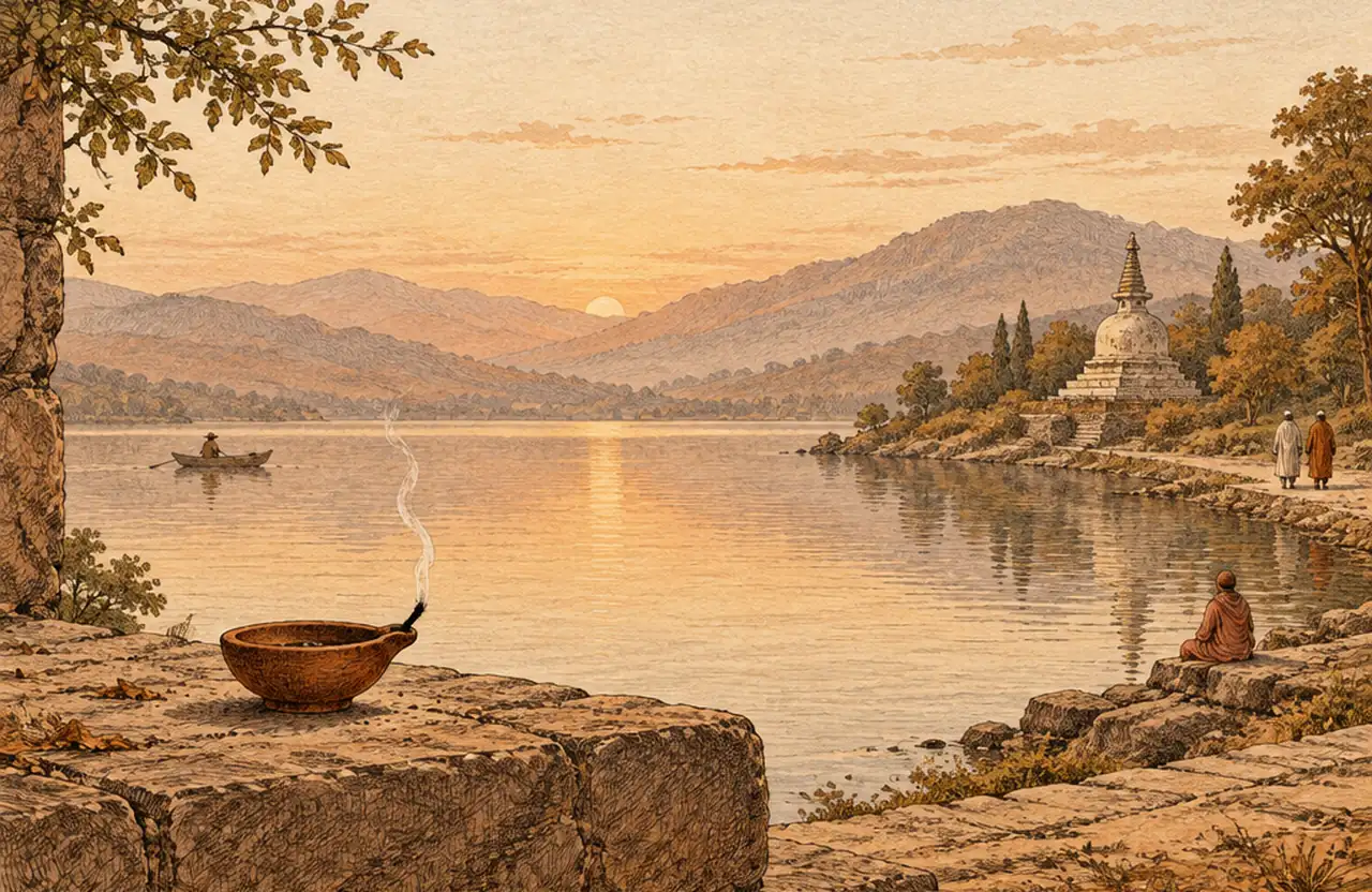 An oil lamp just blown out on a stone ledge, a thin line of smoke rising, a calm lake and a small stupa at dusk