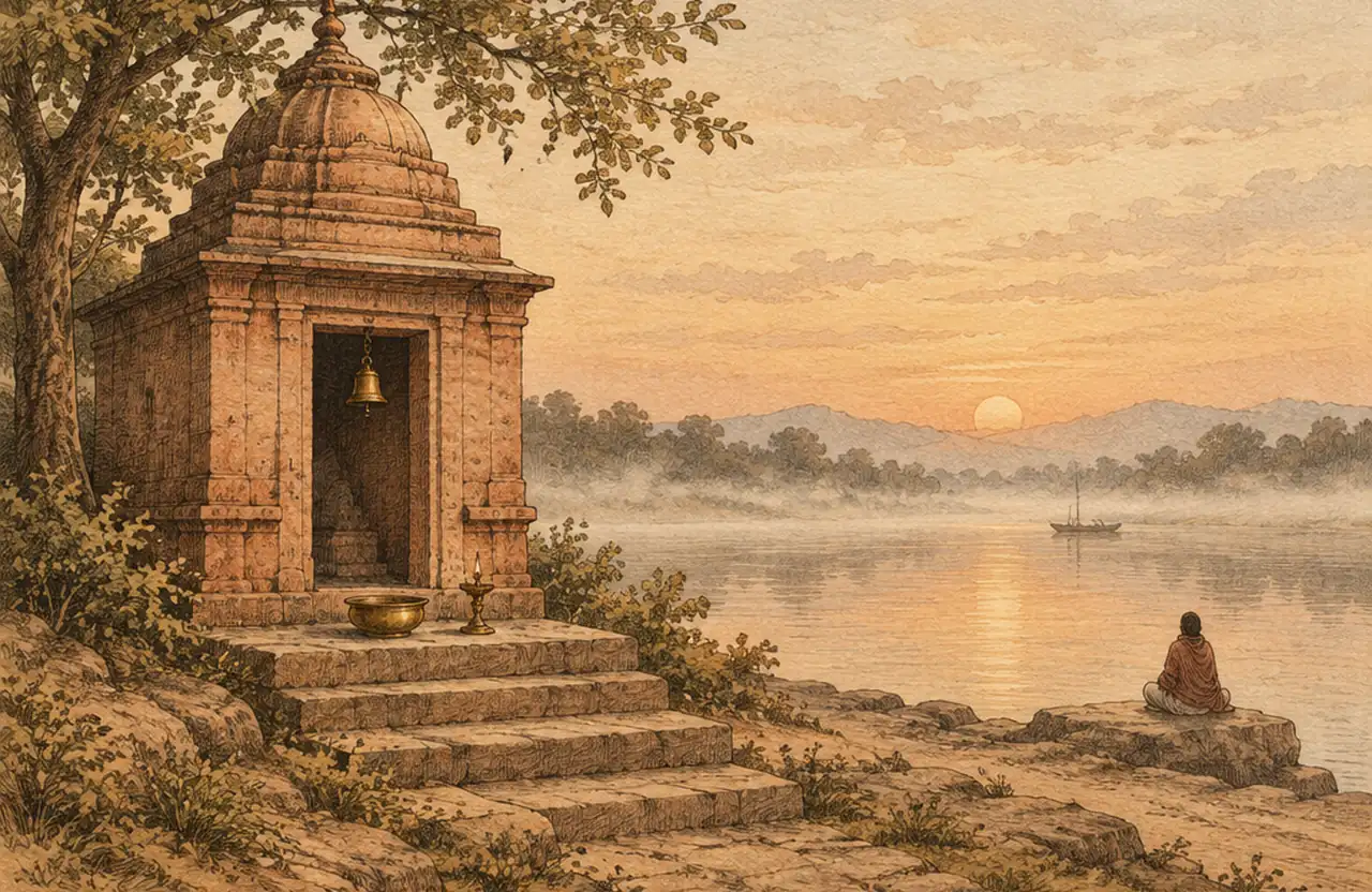 A small stone temple with a hanging bell by a misty lake at sunrise, a person sitting quietly near the water
