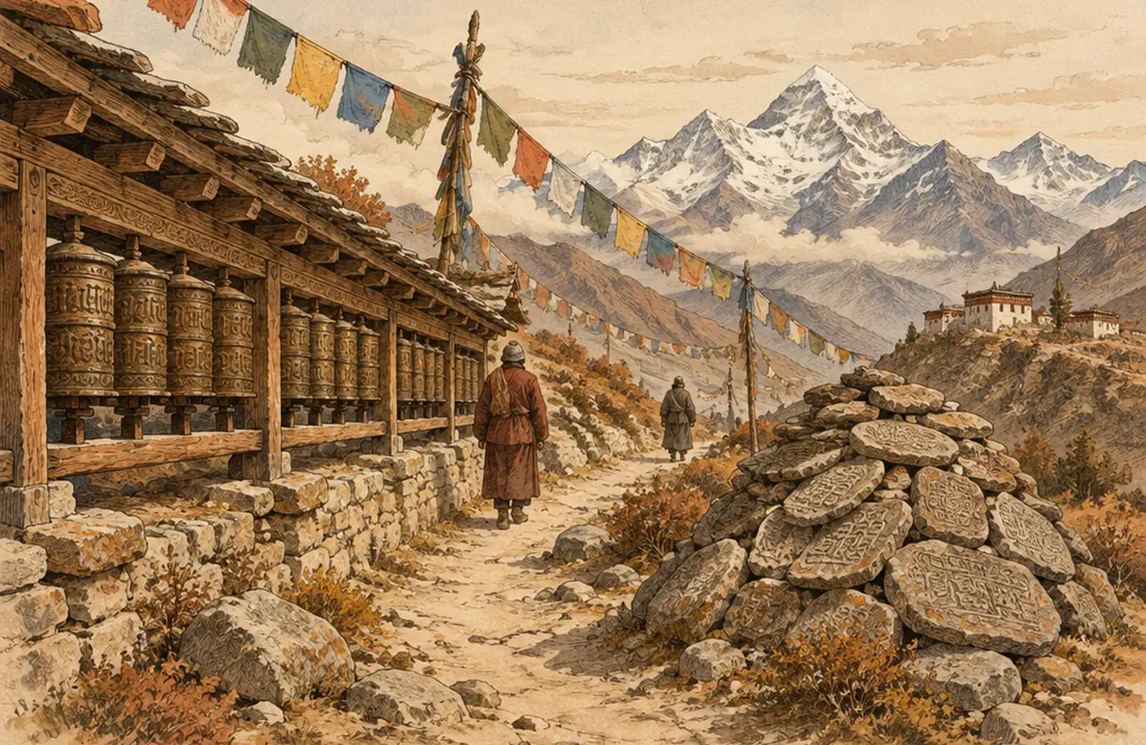 A Himalayan path with a row of prayer wheels under a wooden roof, a pile of carved mani stones, prayer flags and snow peaks