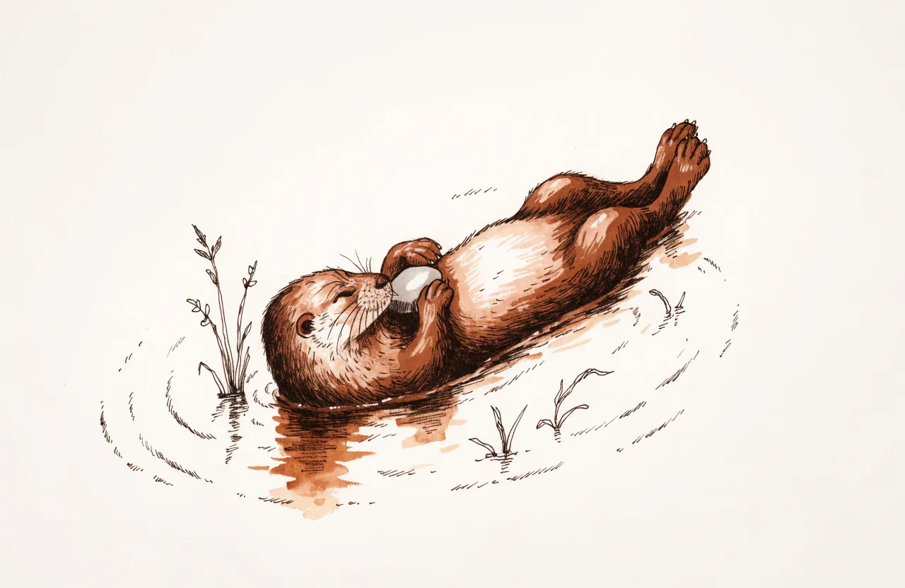 An otter floating on its back among reeds, holding a pale stone on its chest