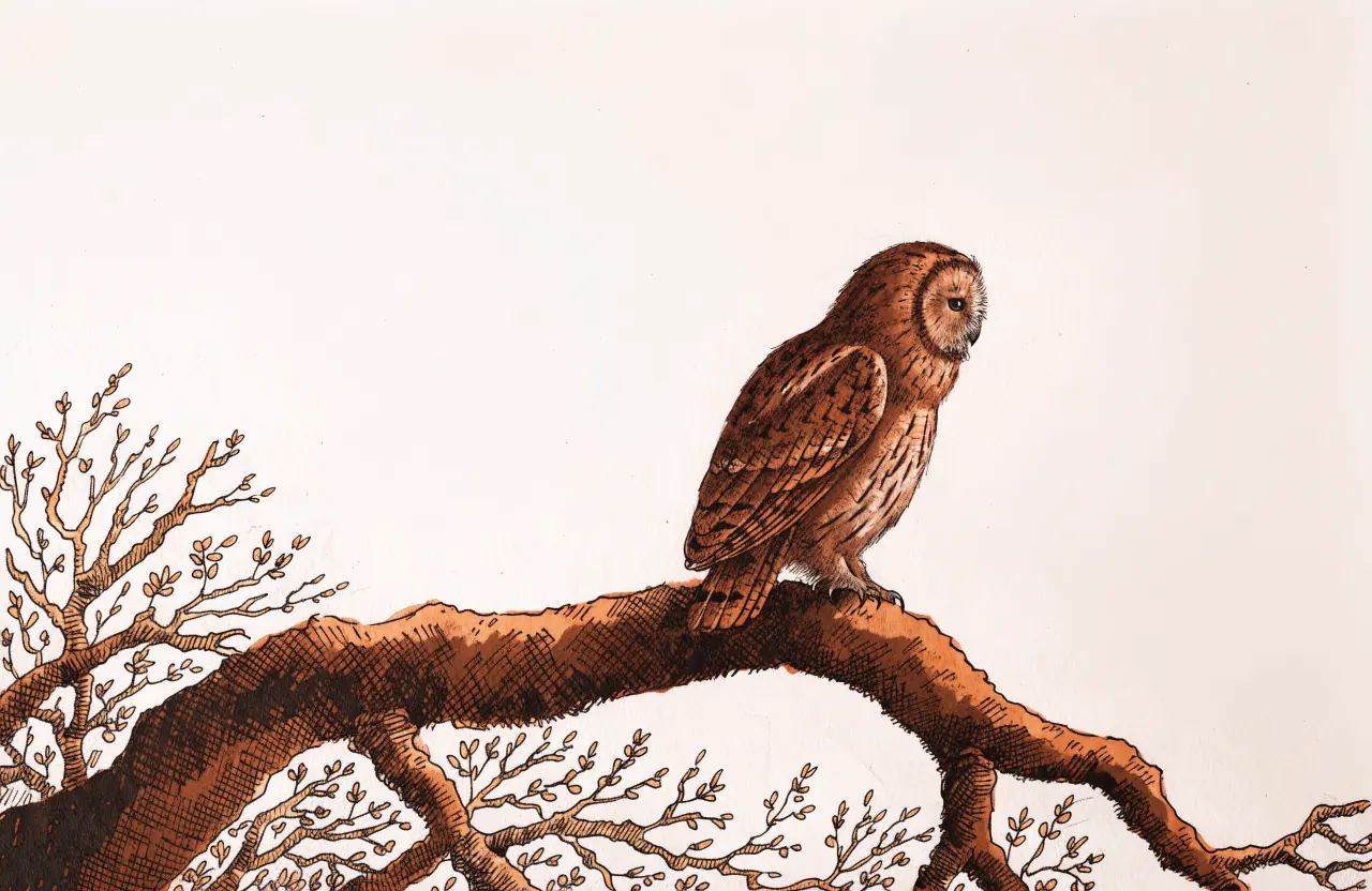 A brown owl perched on a gnarled branch above bare twigs