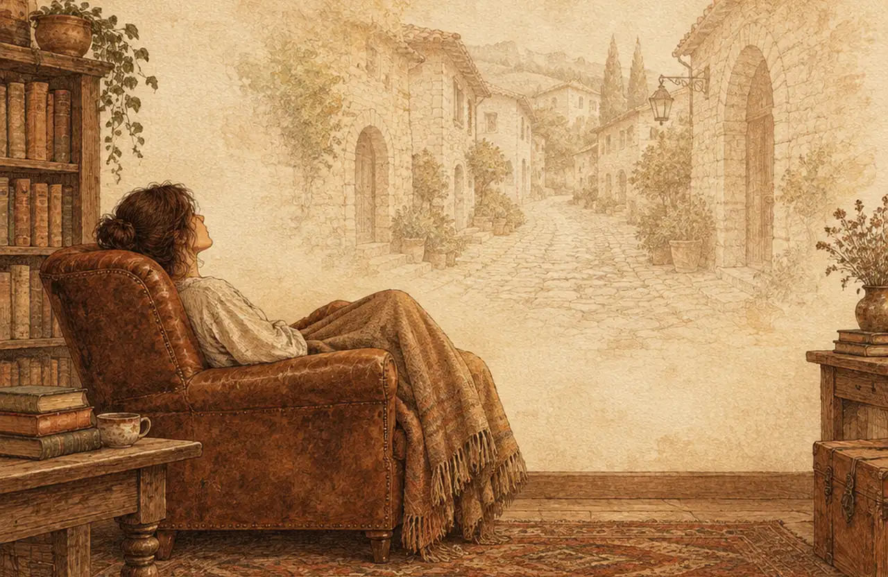 A woman resting in a leather armchair with her eyes closed while a pale old cobbled street with stone arches fades into the wall behind her like an imagined scene