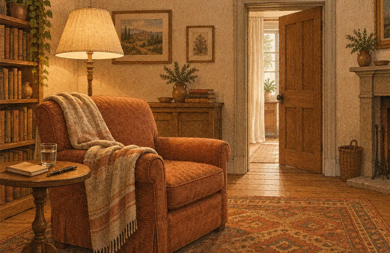 A quiet lamp-lit living room with an armchair and blanket, a side table with a notebook and a glass of water, and an open door to a bright hallway