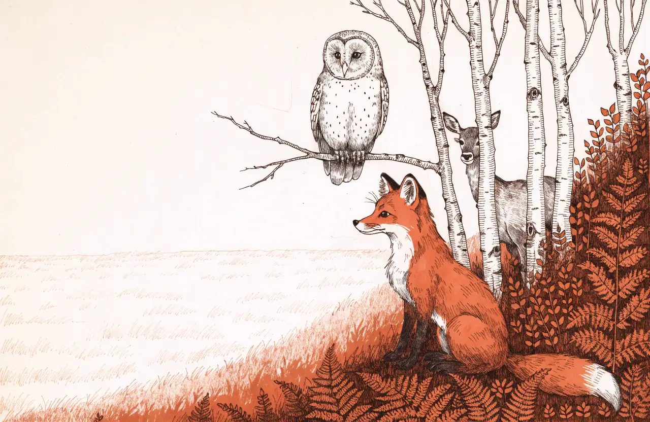 A barn owl on a branch, a red fox among ferns and a deer half hidden behind birch trunks