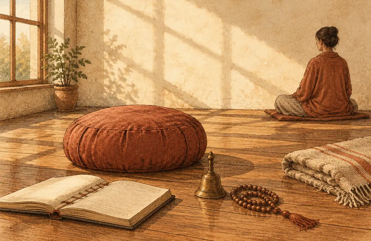 An empty meditation cushion with a book, a small brass bell and prayer beads in a sunlit room, a woman sitting quietly further back