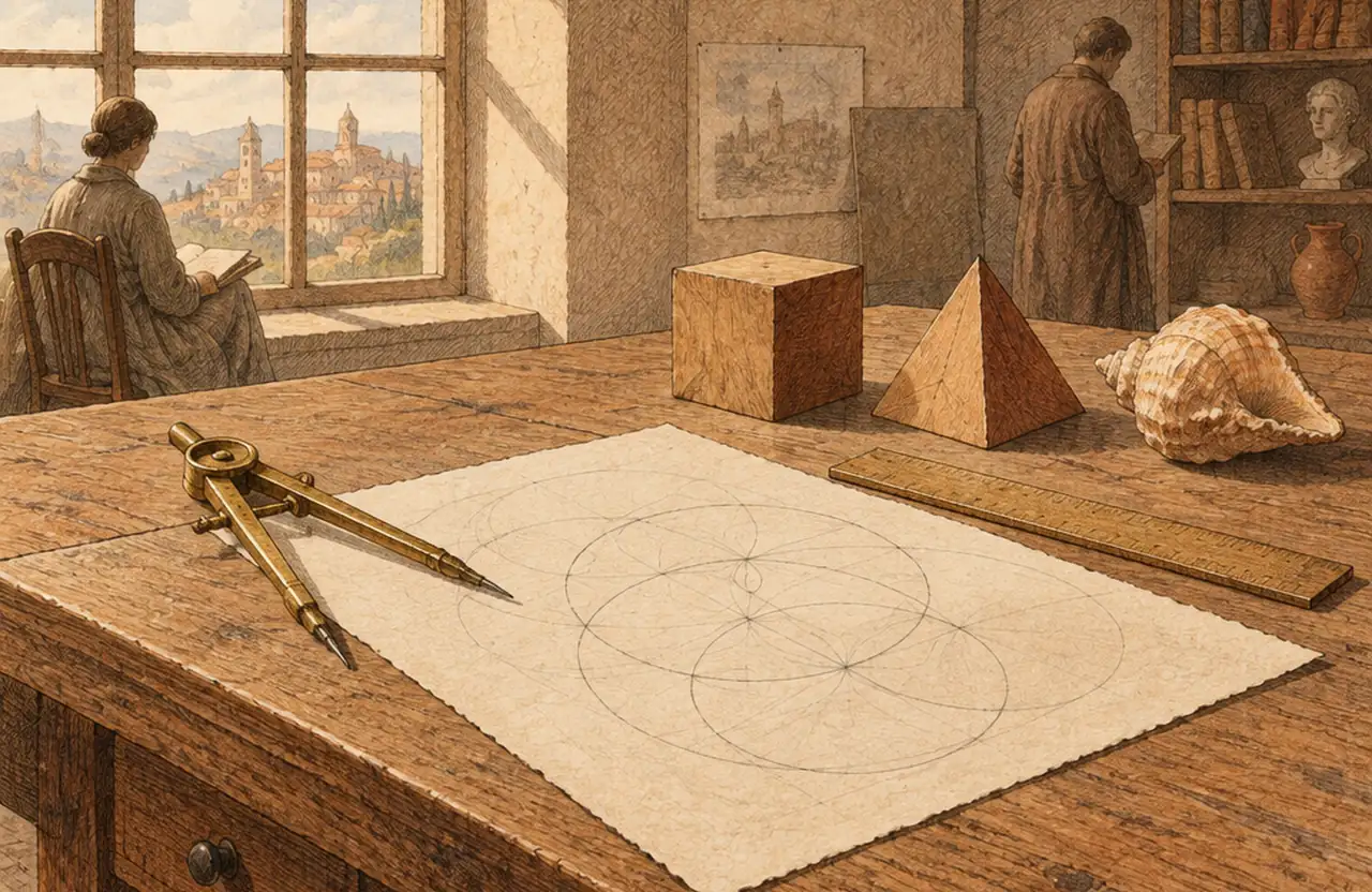 A drafting table with a brass compass, a pencil drawing of overlapping circles, a wooden cube and pyramid and a seashell