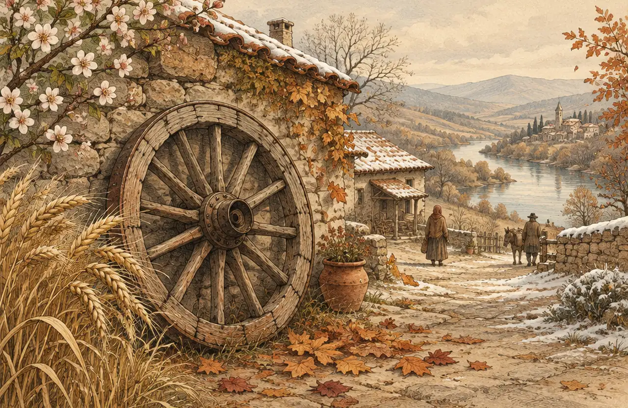 An old cart wheel against a village wall with blossom, ripe grain, autumn leaves and snow in one scene, a river beyond