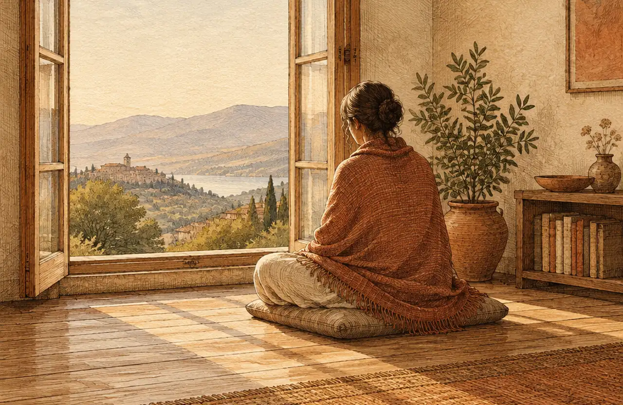 A person wrapped in a shawl sitting on a floor cushion by a tall open window, looking out over hills in the morning light