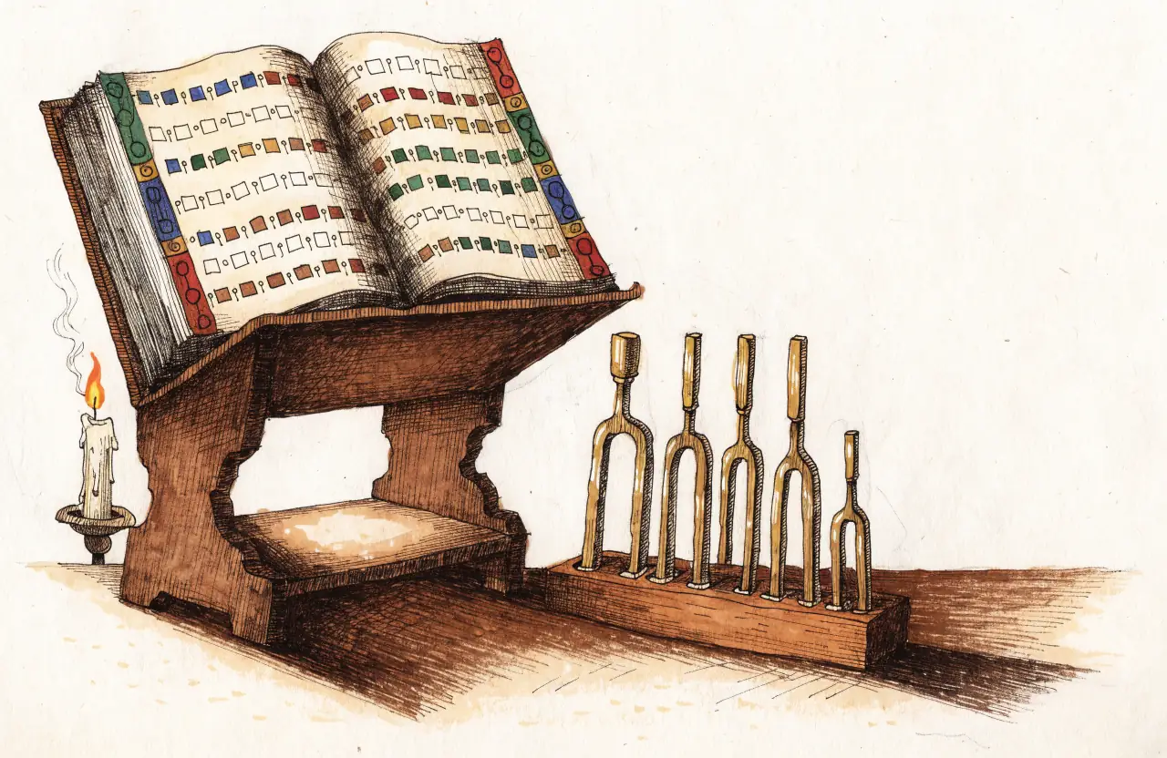 An open medieval choir book on a wooden lectern beside a candle and a row of brass tuning forks in a wooden rack